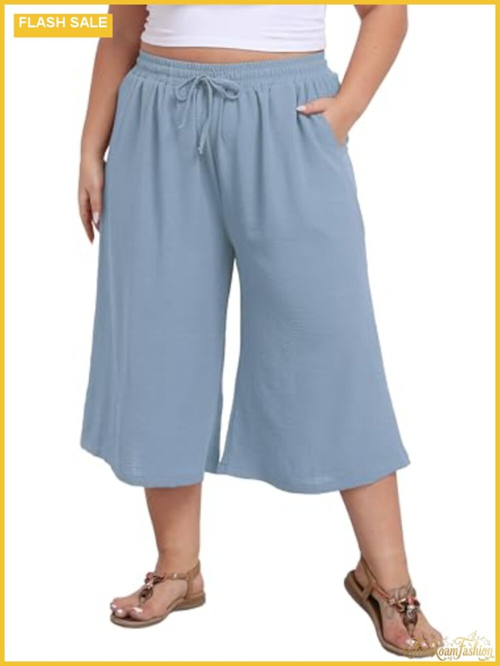Plus Size Capri Culottes Wide Leg Palazzo Pants High Waisted Stretch Pockets